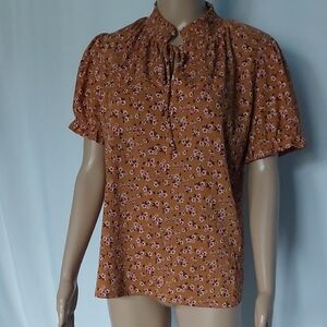 Floral Puff Sleeve Top - Orange Womems Size M
